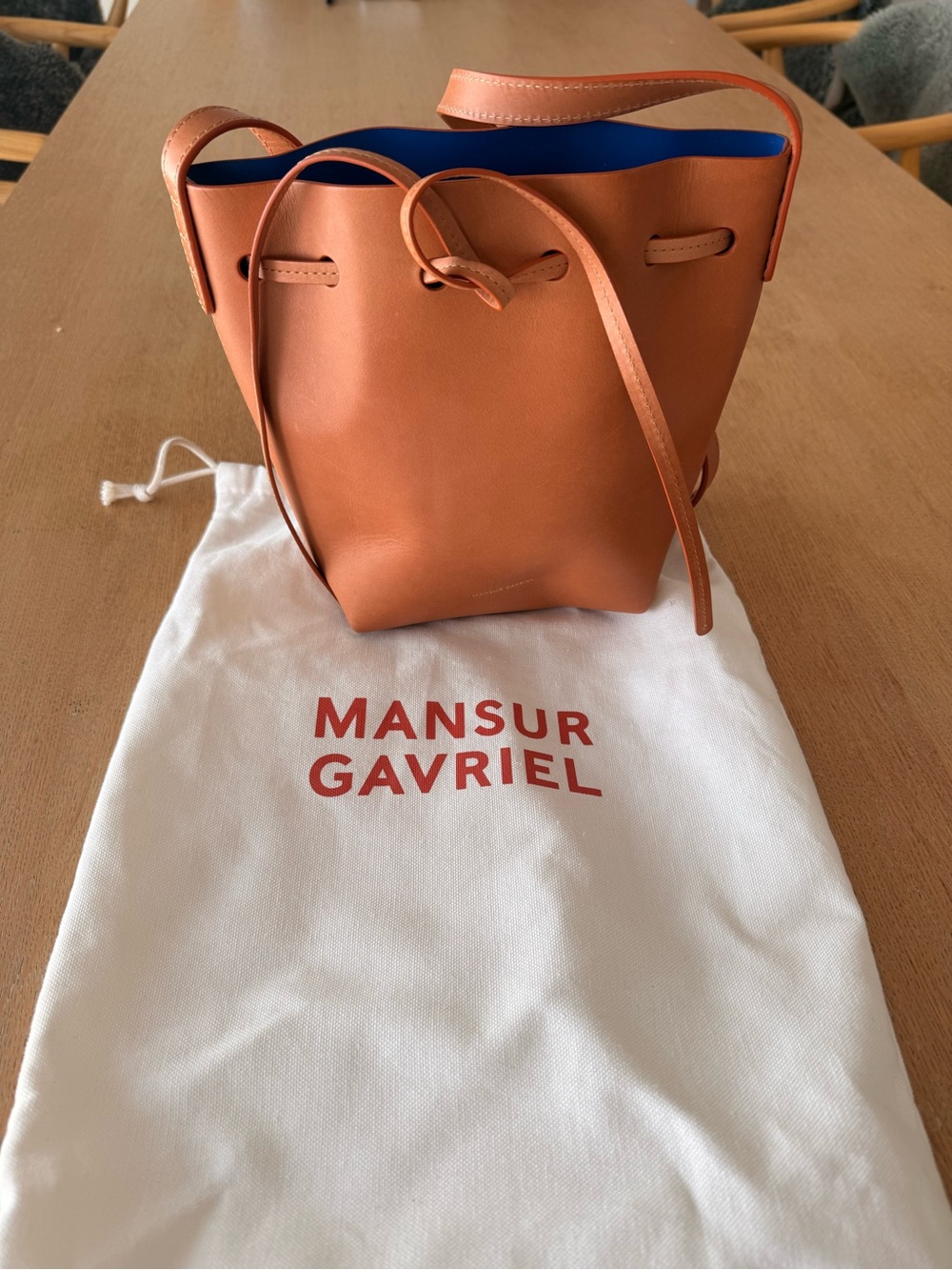 Mansur Gavriel Tan Bucket Shoulder Bag Mini Mini with Blue Interior